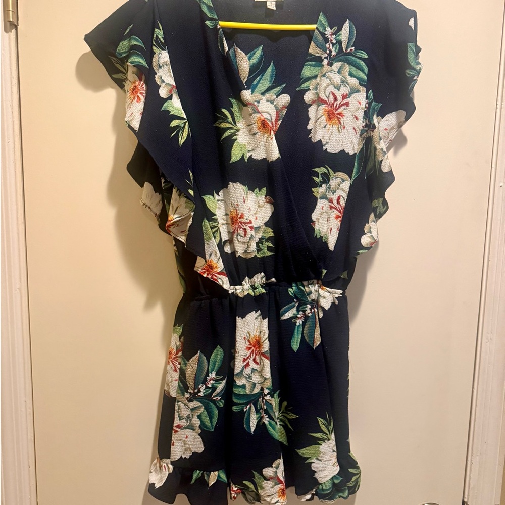Umgee Navy Floral Print Ruffle Romper